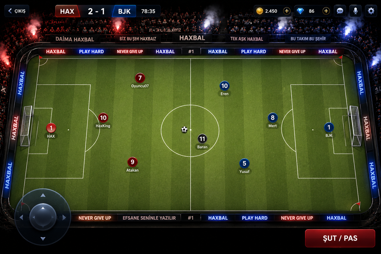 HaxSoccerClub maç sahası ve mobil kontroller